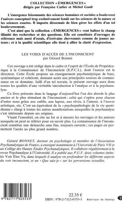 Quatrième de couverture de « LES VOIES D'ACCES DE L'INCONSCIENT »