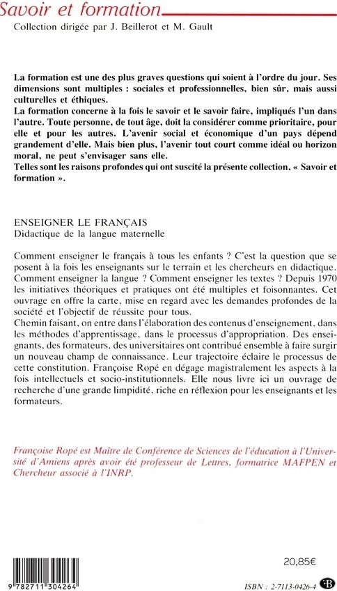 Quatrième de couverture de « ENSEIGNER LE FRANCAIS .  DIDACTIQUE DE LA LANGUE »