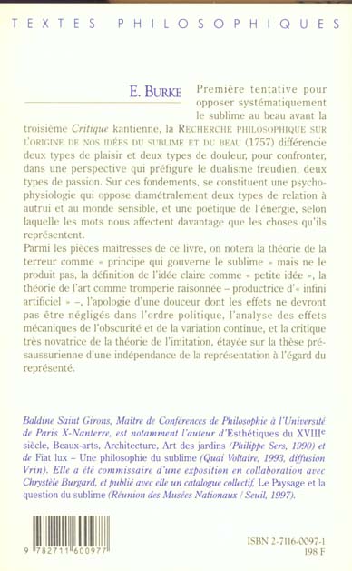 Quatrième de couverture de « RECHERCHE PHILOSOPHIQUE SUR L'ORIGINE DE NOS IDEES DU SUBLIME ET DU BEAU »