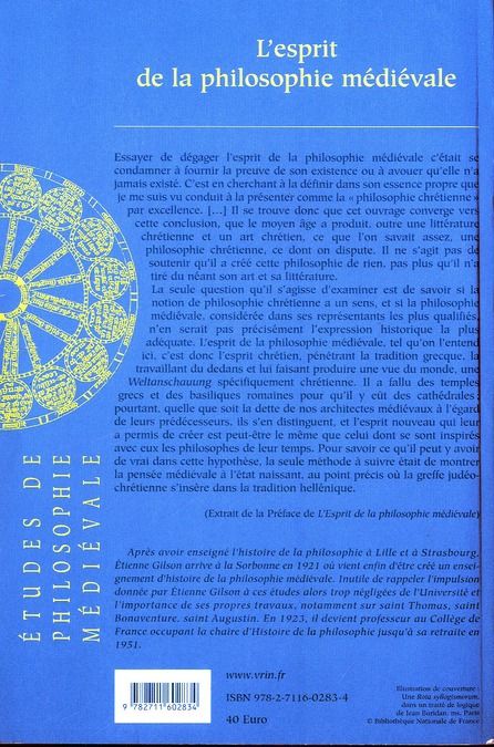 Quatrième de couverture de « L'ESPRIT DE LA PHILOSOPHIE MEDIEVALE »