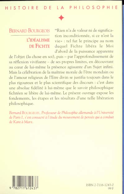 Quatrième de couverture de « L'IDEALISME DE FICHTE »