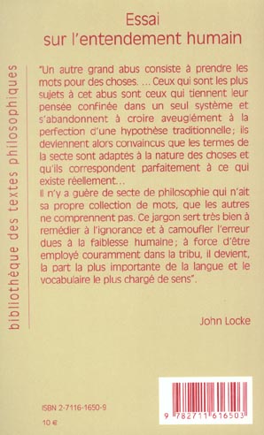 Quatrième de couverture de « ESSAI SUR L'ENTENDEMENT HUMAIN - LIVRE III »