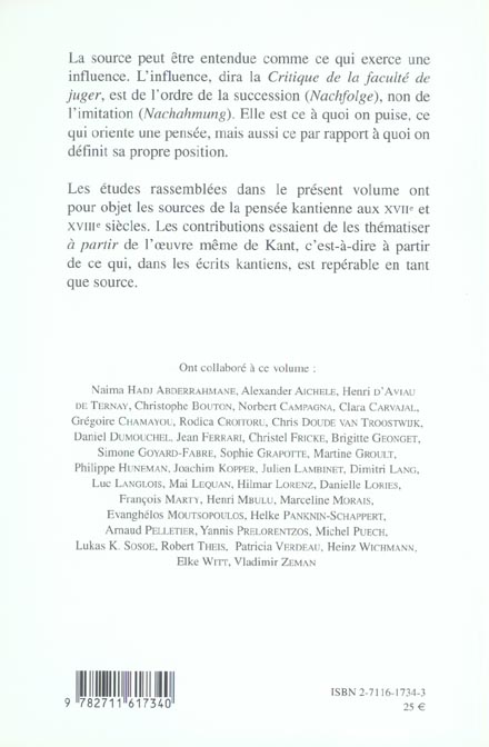 Quatrième de couverture de « LES SOURCES DE LA PHILOSOPHIE KANTIENNE - XVIIE ET XVIIIE SIECLES »
