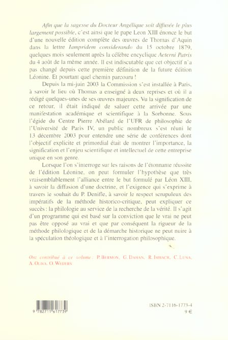 Quatrième de couverture de « LA COMMISSION LEONINE - PHILOLOGIE ET HISTOIRE AU SERVICE DE LA PENSEE »