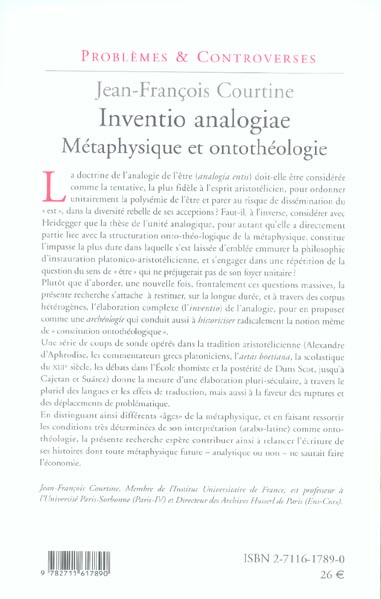 Quatrième de couverture de « INVENTIO ANALOGIAE - METAPHYSIQUE ET ONTOTHEOLOGIE »