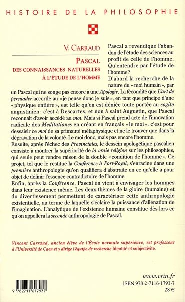 Quatrième de couverture de « PASCAL. DES CONNAISSANCES NATURELLES A L'ETUDE DE L'HOMME »