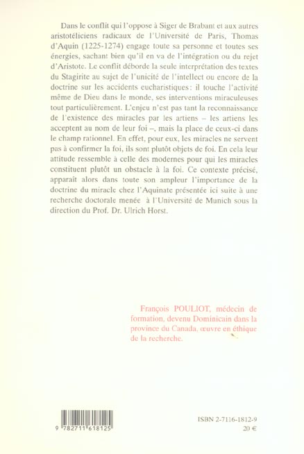 Quatrième de couverture de « LA DOCTRINE DU MIRACLE CHEZ THOMAS D'AQUIN - DEUS IN OMNIBUS INTIME OPERATUR »