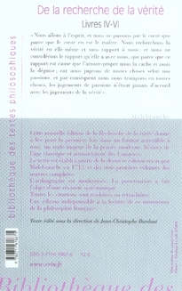 Quatrième de couverture de « DE LA RECHERCHE DE LA VERITE - LIVRES IV-VI »