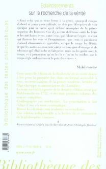 Quatrième de couverture de « DE LA RECHERCHE DE LA VERITE - ECLAIRCISSEMENTS, REPONSE A M. REGIS ET ANNEXES »