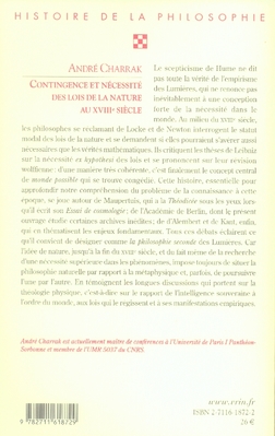 Quatrième de couverture de « CONTINGENCE ET NECESSITE DES LOIS DE LA NATURE AU XVIIIE SIECLE - LA PHILOSOPHIE SECONDE DES LUMIERE »