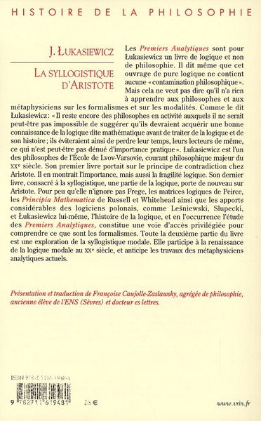 Quatrième de couverture de « LA SYLLOGISTIQUE D'ARISTOTE »