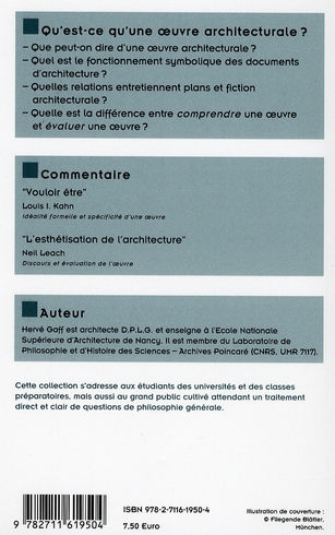 Quatrième de couverture de « QU'EST-CE QU'UNE OEUVRE ARCHITECTURALE? »