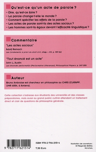 Quatrième de couverture de « QU'EST-CE QU'UN ACTE DE PAROLE? »