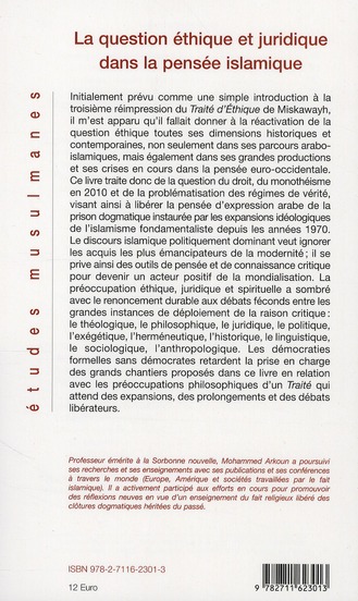 Quatrième de couverture de « LA QUESTION ETHIQUE ET JURIDIQUE DANS LA PENSEE ISLAMIQUE »