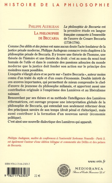 Quatrième de couverture de « LA PHILOSOPHIE DE BECCARIA - SAVOIR PUNIR, SAVOIR ECRIRE, SAVOIR PRODUIRE »