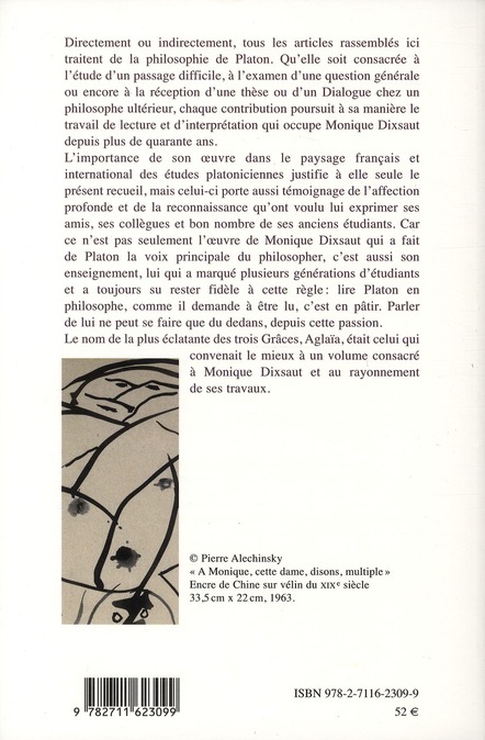 Quatrième de couverture de « AGLAIA. AUTOUR DE PLATON - MELANGES OFFERTS A MONIQUE DIXSAUT »