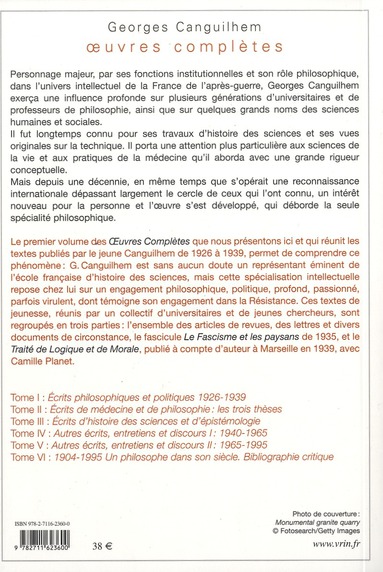 Quatrième de couverture de « OEUVRES COMPLETES - TOME I: ECRITS PHILOSOPHIQUES ET POLITIQUES (1926-1939) »