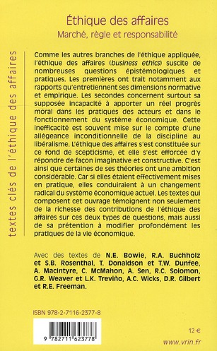 Quatrième de couverture de « TEXTES CLES DE L'ETHIQUE DES AFFAIRES - MARCHE, REGLE, RESPONSABILITE »