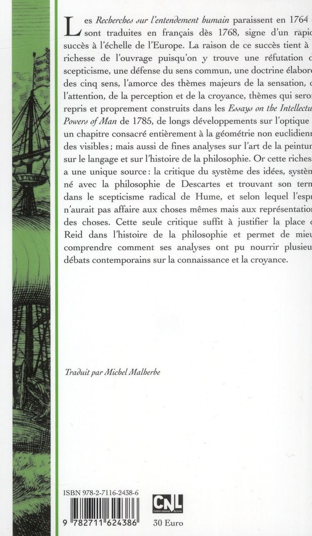 Quatrième de couverture de « RECHERCHES SUR L'ENTENDEMENT HUMAIN D'APRES LES PRINCIPES DU SENS COMMUN »