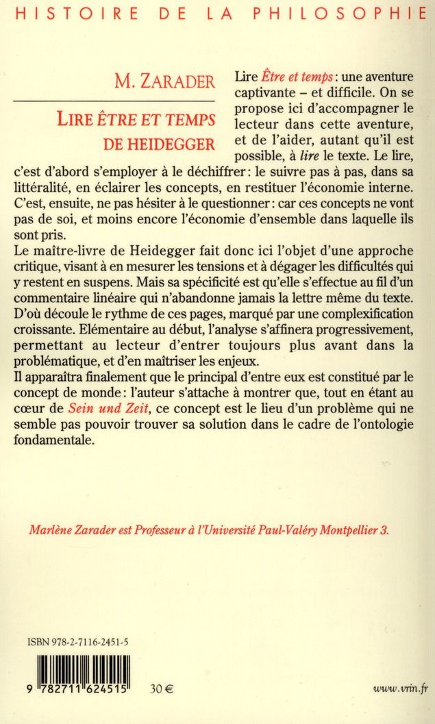 Quatrième de couverture de « LIRE ETRE ET TEMPS DE HEIDEGGER »