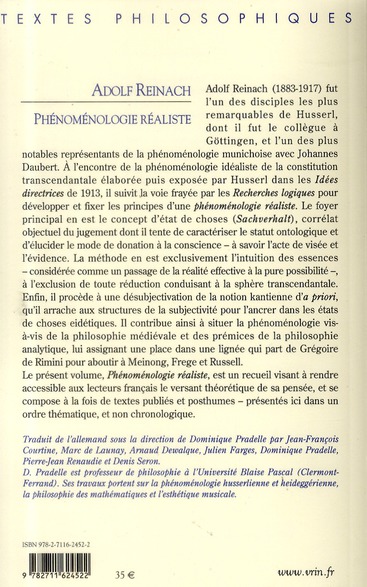 Quatrième de couverture de « PHENOMENOLOGIE REALISTE »