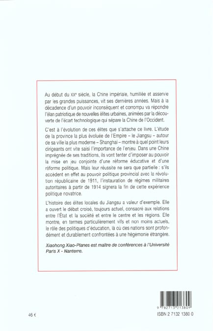 Quatrième de couverture de « EDUCATION ET POLITIQUE EN CHINE - LE ROLE DES ELITES DU JIAN »