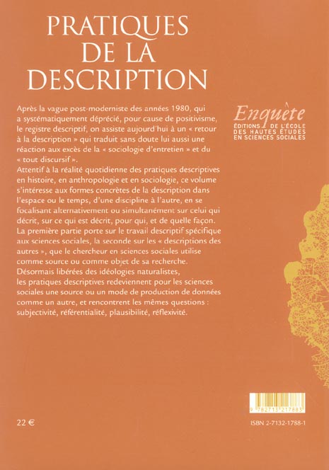 Quatrième de couverture de « PRATIQUES DE LA DESCRIPTION »