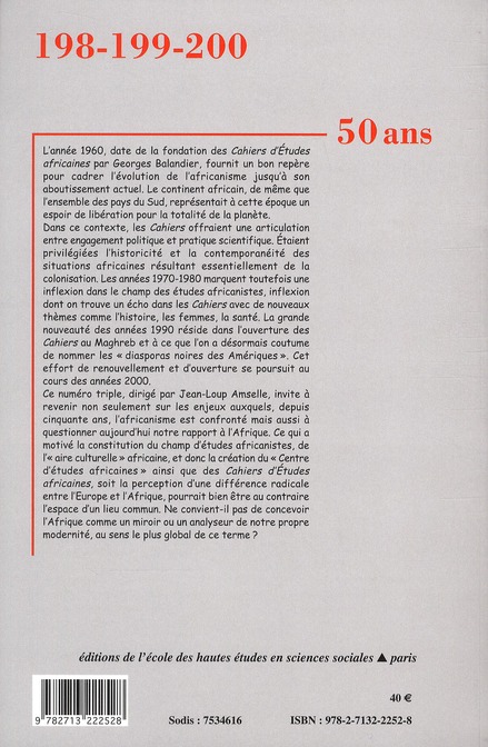 Quatrième de couverture de « CAHIERS D ETUDES AFRICAINES 50 ANS 198-199-200 »