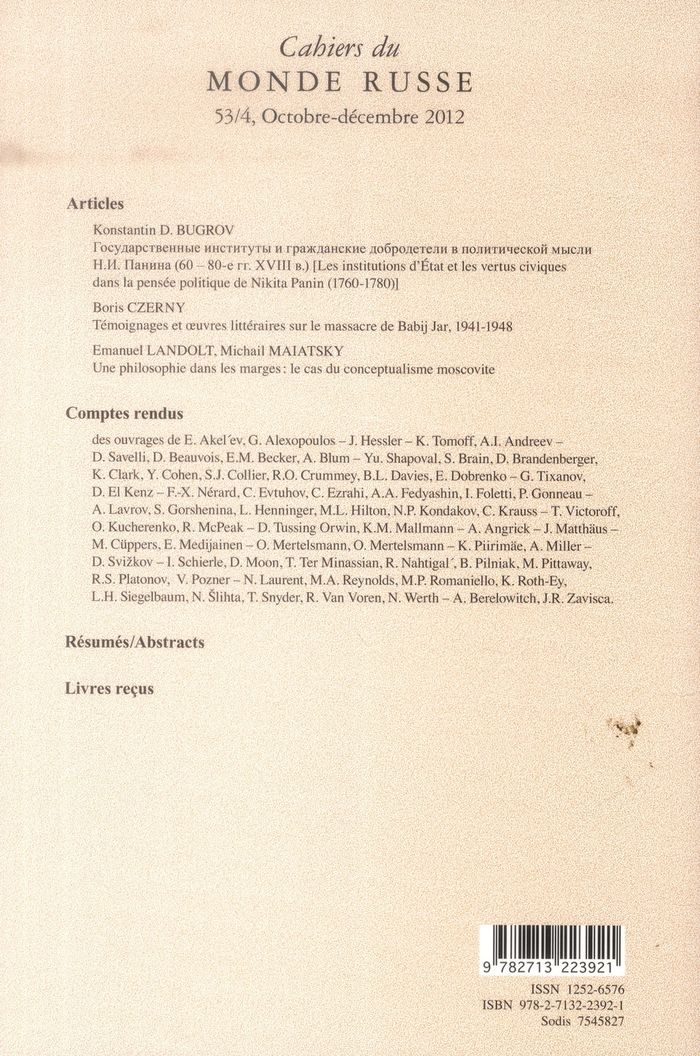 Quatrième de couverture de « CAHIERS DU MONDE RUSSE 53/4 »