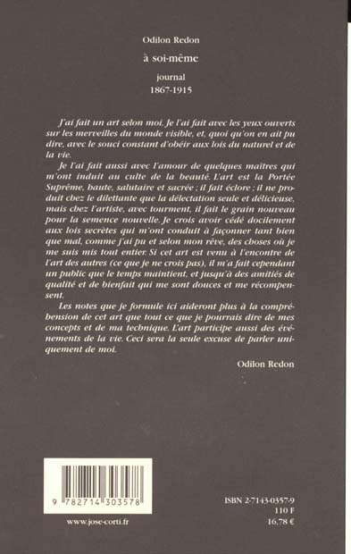 Quatrième de couverture de « A SOI-MEME - 1867-1915 NOTES SUR LA VIE, L'ART ET LES ARTISTES »