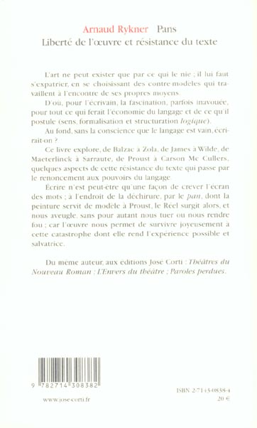 Quatrième de couverture de « PANS LIBERTE DE L'OEUVRE ET RESISTANCE DU TEXTE »