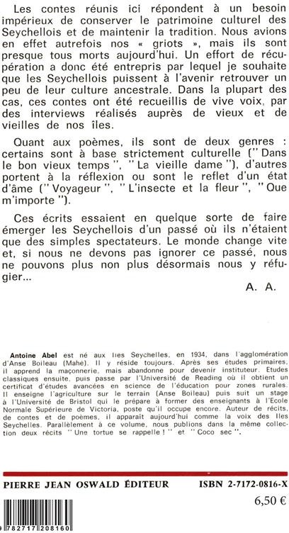 Quatrième de couverture de « CONTES ET POEMES DES SEYCHELLES »