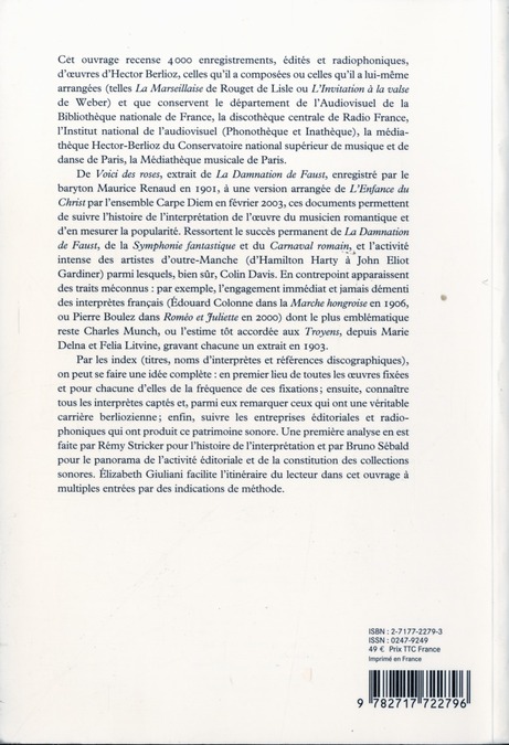 Quatrième de couverture de « HECTOR BERLIOZ PHONOGRAPHIE - PHONOGRAPHIES 6 »