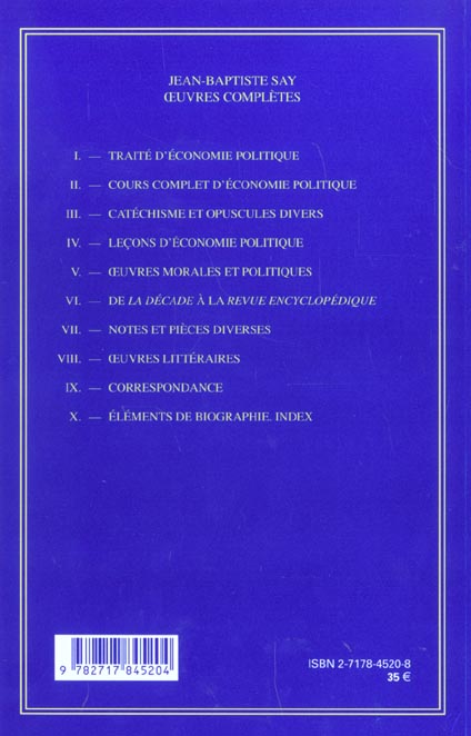Quatrième de couverture de « LECONS D'ECONOMIE POLITIQUE - VOLUME IV »