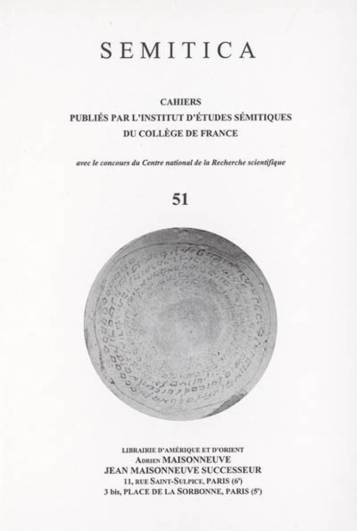 Couverture du livre « SEMITICA 51. CAHIERS PUBLIES PAR L'ISTITUT D'ETUDES SEMITIQUES DU COLLEGE DE FRANCE » de Collectif, librairie Les Contes Infusés à Corte