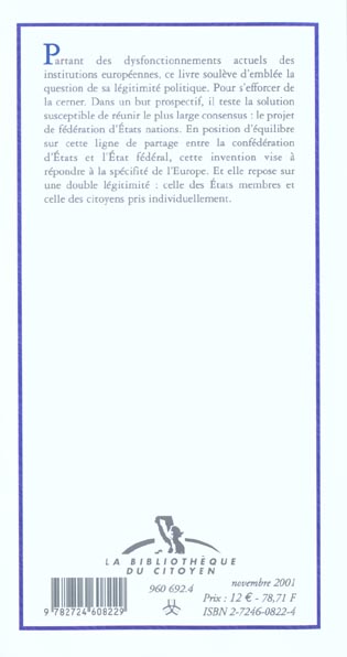 Quatrième de couverture de « L'EUROPE EN QUETE DE LEGITIMITE »