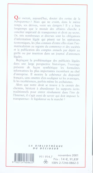 Quatrième de couverture de « LES VERTUS DE LA TRANSPARENCE »