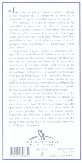 Quatrième de couverture de « LA SOCIETE AMERICAINE APRES LE 11 SEPTEMBRE »