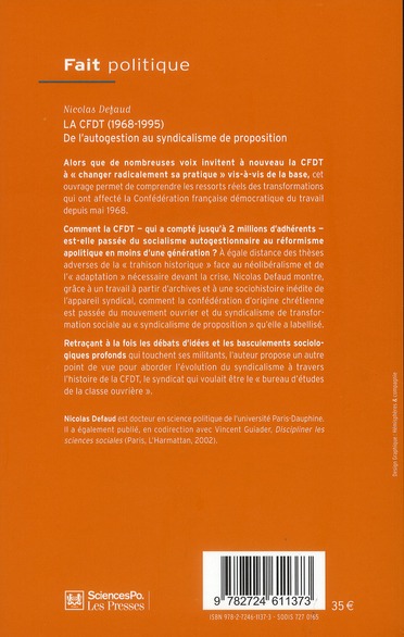Quatrième de couverture de « LA CFDT (1968-1995) »