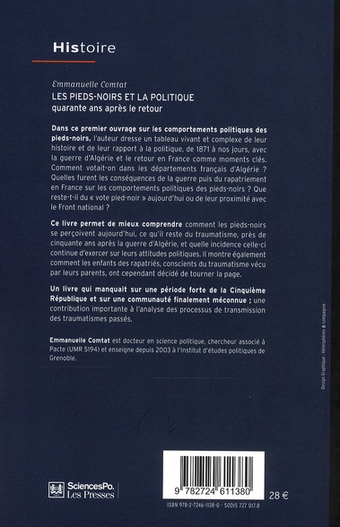Quatrième de couverture de « LES PIEDS-NOIRS ET LA POLITIQUE »