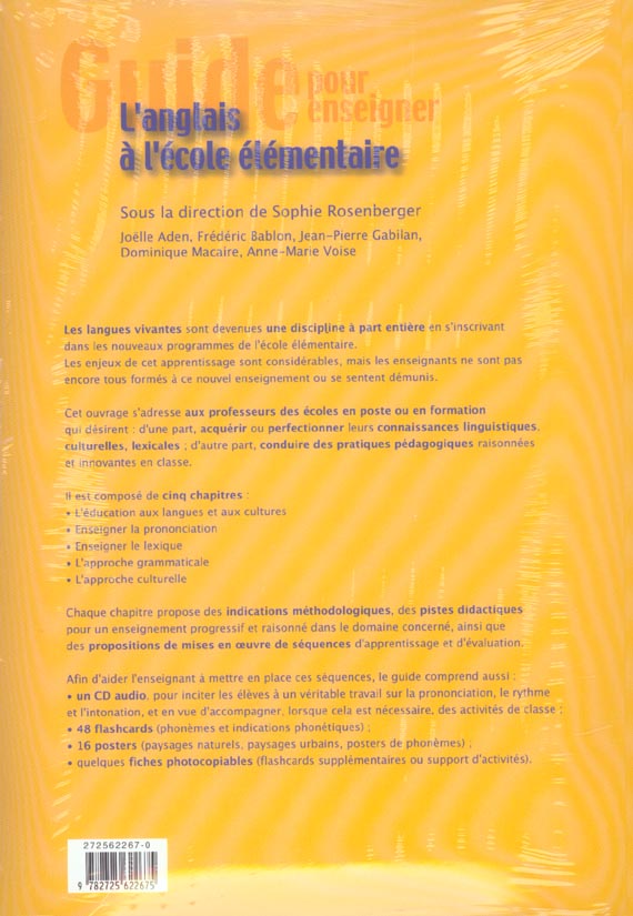 Quatrième de couverture de « GUIDE POUR ENSEIGNER L'ANGLAIS A L'ECOLE ELEMENTAIRE (+ CD) »