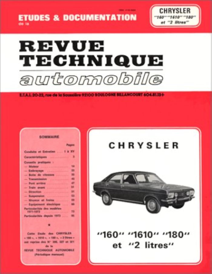 Couverture du livre « RTA 306.3 CHRYSLER 160-1610 ET 180 (1971/1978) », librairie Les Contes Infusés à Corte