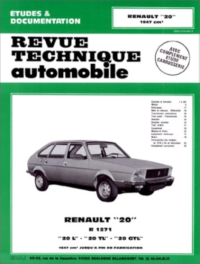 Couverture du livre « RENAULT 20, R 1271 - 20 L-20 TL-20 GTL, 1647 CM3, JUSQU'A FIN DE FABRICATION » de Etai, librairie Les Contes Infusés à Corte
