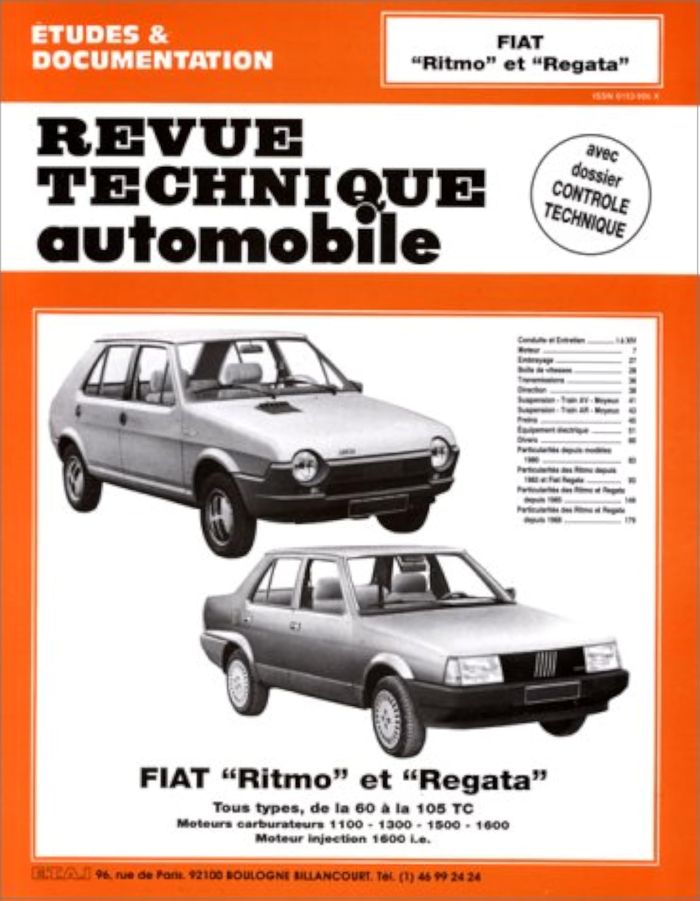 Couverture du livre « FIAT RITMO ET REGATA - TOUS TYPES, DE LA 60 A LA 105 TC, MOTEURS CARBURATEURS 1100, 1300, 1500, 1600 » de Etai, librairie Les Contes Infusés à Corte