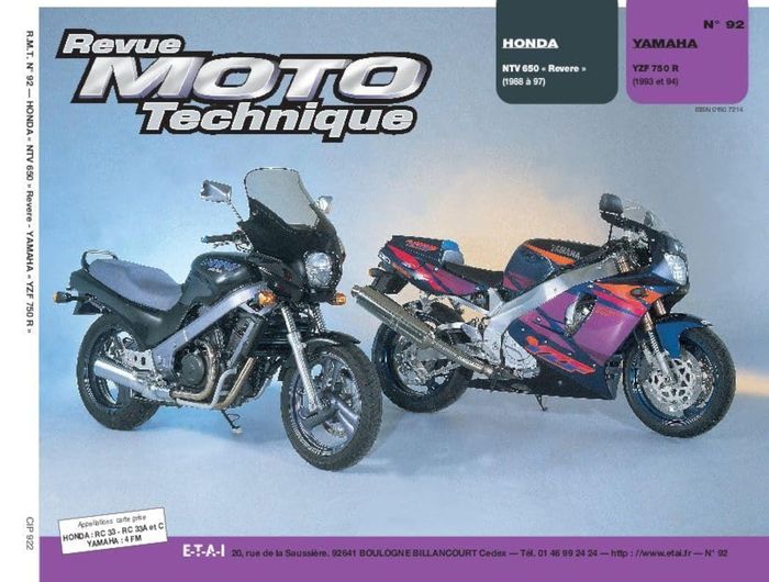 Couverture du livre « RMT 92.2 HONDA NTV650(88/94)/YAMAHA YZF 750R(93/94) » de Etai, librairie Les Contes Infusés à Corte