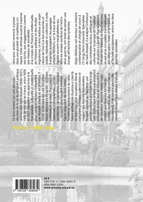 Quatrième de couverture de « Itinéraires d'un antifasciste : Carlo Rosselli dans le Paris des années 1930 »