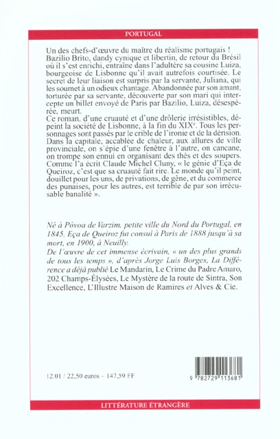 Quatrième de couverture de « LE COUSIN BAZILIO, 2EME EDITION »