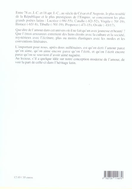 Quatrième de couverture de « SEPT POETES LATINS CHANTENT L'AMOUR »