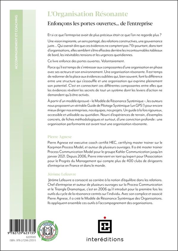 Quatrième de couverture de « L'organisation résonante : enfonçons les portes ouvertes, de l'entreprise »