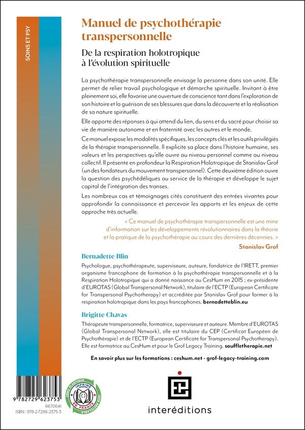 Quatrième de couverture de « Manuel de psychothérapie transpersonnelle : de la respiration holotropique à l'évolution spirituelle »